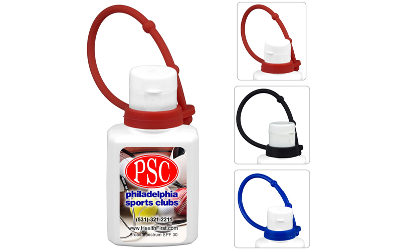 1.0 oz Broad Spectrum SPF30 Sunscreen Lotion in Solid White Flip-Top Squeeze Bottle with Colorful Silicone Leash